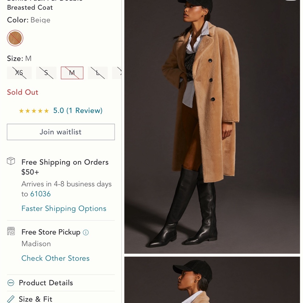 Tan Double-Breasted Women's Anthropologie Bernie faux fur Coat. Medium. NWT.